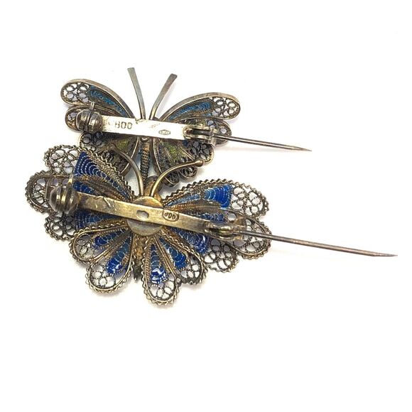 Vintage Silver Enamel Butterfly Brooch Guilloche Filigree Pin Set (2) - Picture 9 of 9